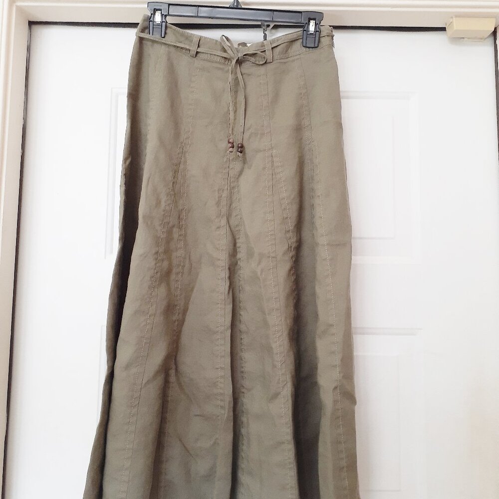 LIZ CLAIBORNE Linen Skirt Long Gored Zip Tie Waist LODEN GREEN Women's S